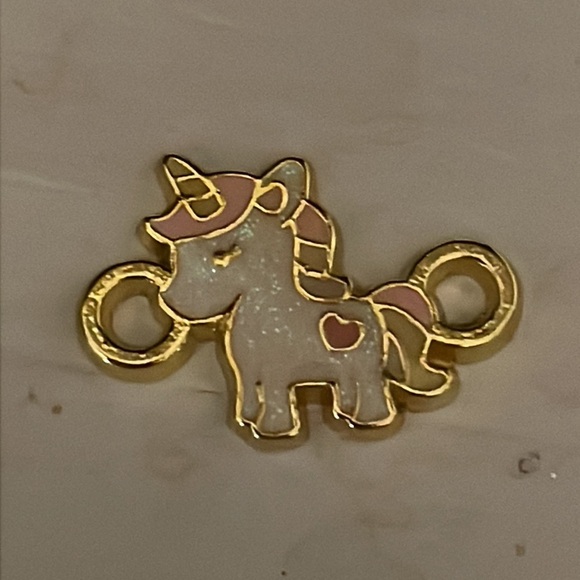 0.75” gold tone white pink enamel unicorn charm pendant with double jump hoop - Picture 6 of 9